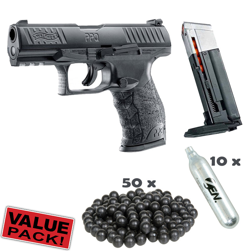 Walther PPQ M2 T4E Cal.43 inkl. extra Magazin, CO2 Kapseln und 50 Rubberballs - Sparpaket